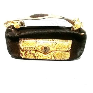 Judith Leiber Brown Pony Hair and Python Handbag